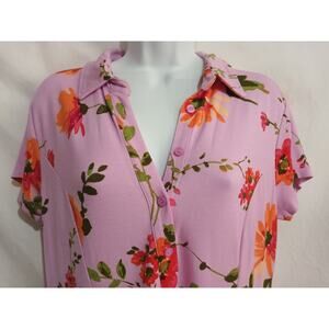 Isaac Mizrahi Live Size SP Short Sleeve Lilac Floral V-neck Button Down Dress
